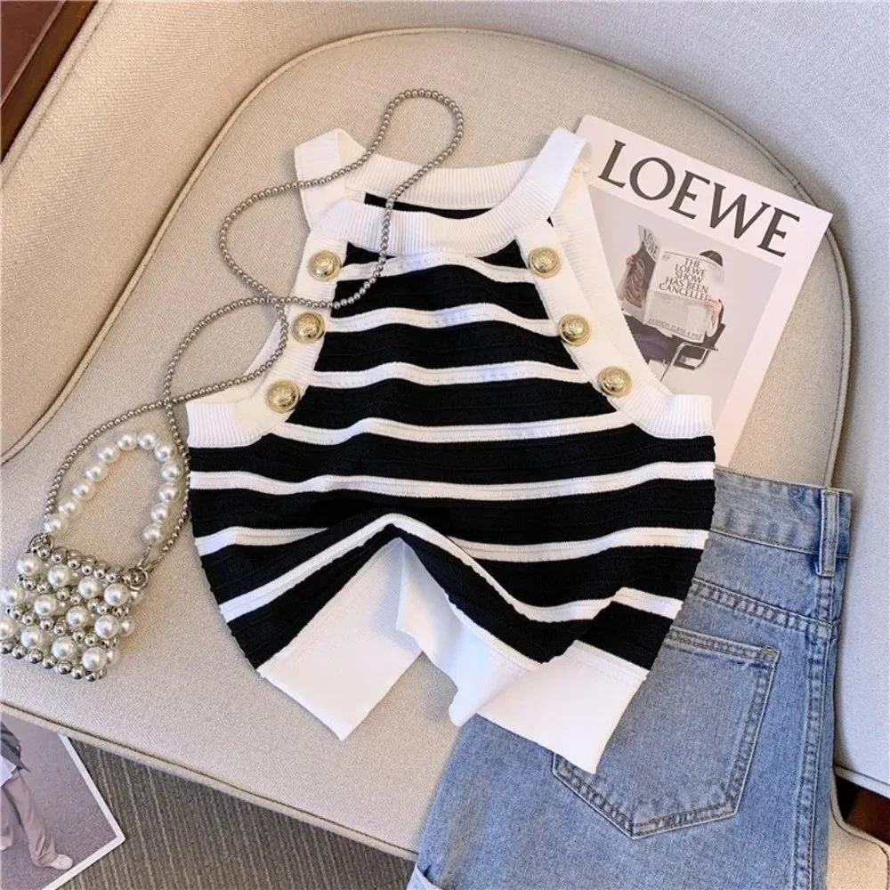 DAIMARAN Ghana Women's Tank Top Blouse Halter Slim Striped Sleeveless Black S - Picture 2 of 5